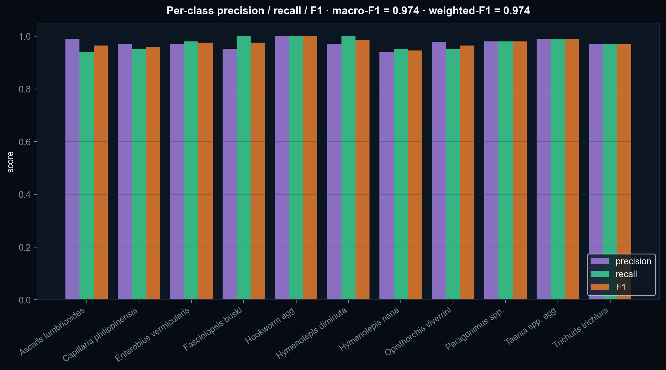 v0.2 audit — per-class precision / recall / F1 (with macro and weighted F1)